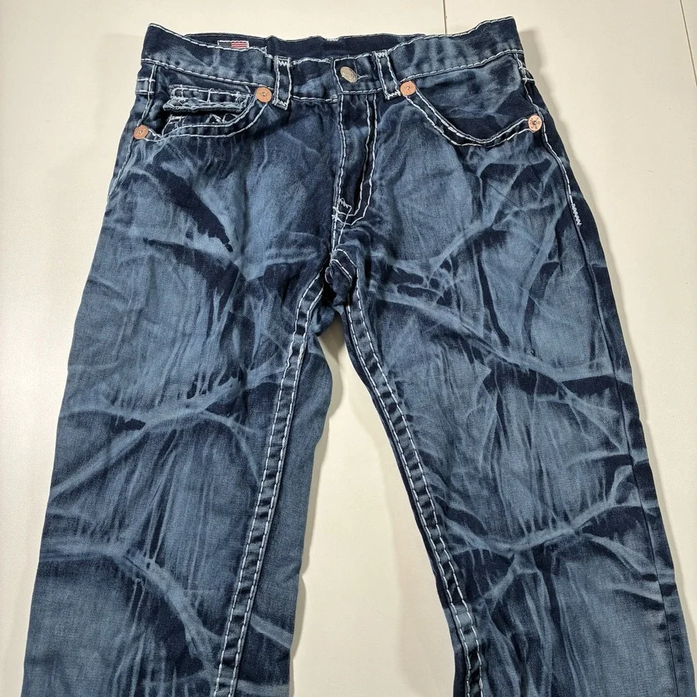 True Religion Jeans 34x33‎ Blue Denim Acid Wash Flap Pocket Thick Made in USA